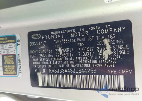 2018 Hyundai Tucson Sel z USA, uszkodzony, nr VIN KM8J33A43JU644256